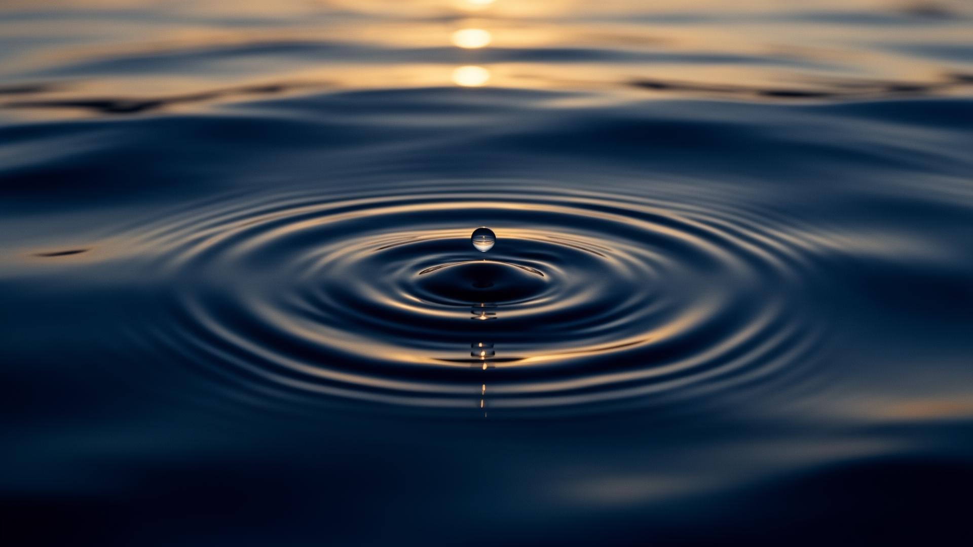 A single water droplet creating ripples across dark, still water